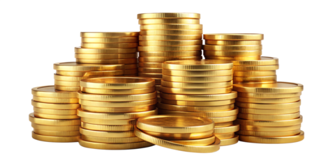Stacks of Shiny Gold Coins Isolated on Transparent Background for Easy Integration
