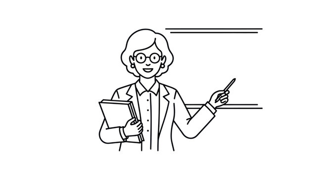 Smiling female teacher in glasses holding a book and pointing at a whiteboard.