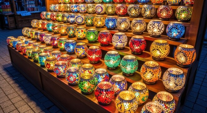 Vibrant mosaic candle lanterns display in colorful night market setting