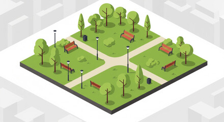 Isometric City Park with Trees and Benches