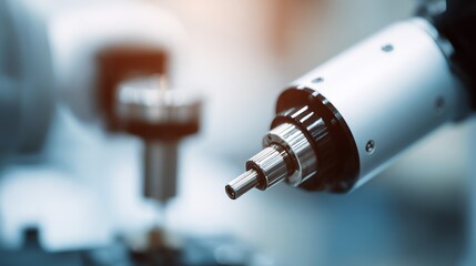 A detailed close-up showcases the precision engineering of a robotic arm's spindle, highlighting its metallic components and intricate design within an industrial setting.