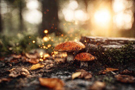 Autumn forest mushrooms bathed in golden light, sparkling magic