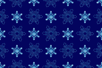 Seamless pattern with watercolor snowflakes on a blue background. Winter Christmas background.