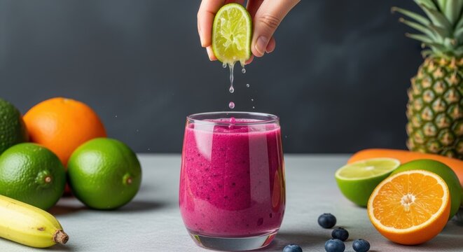 Vibrant dragon fruit smoothie with citrus and fresh fruits composition