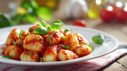 Vegan gnocchi served with tomato sauce and fresh basil leaves on a plate