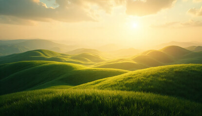 Naklejka premium Sunrise over green hills with golden ligh