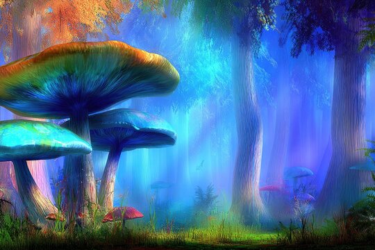 Enchanted forest with giant, colorful mushrooms