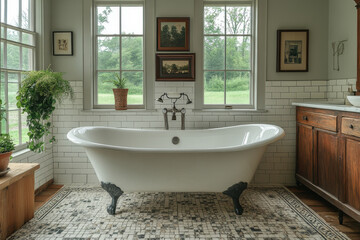 Bathtub with a window in bathroom.