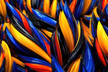 Abstract, vibrant, swirling shapes of glossy, twisted ribbons in red, blue, black and yellow