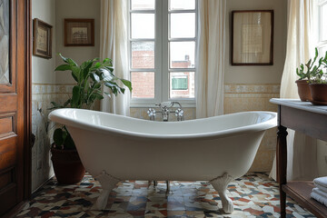 Bathtub next to window.
