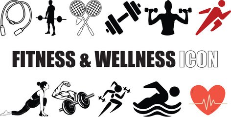 Fitness and Wellness Icons Set – Gym, Yoga, Healthy Lifestyle vector Symbols collection.