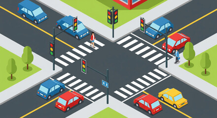 Isometric Intersection with Traffic Lights and Cars