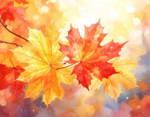 Obraz premium abstract vector illustration of red and yellow maple leaves with soft focus light and bokeh background