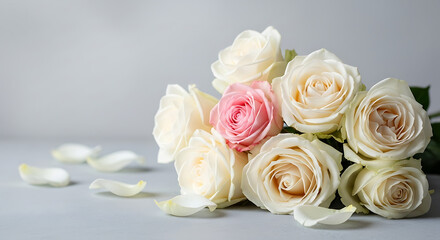 Obraz premium Elegant White Rose Bouquet with Scattered Petals on Light Background for Wedding Décor, Sympathy Arrangements, and Floral Photography, 8K image 