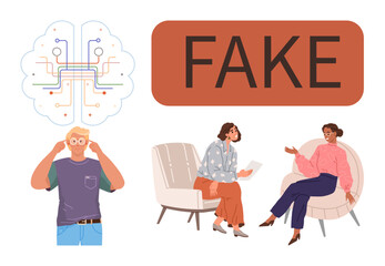 Man with thoughtful pose, digital brain concept, large FAKE text, women discussing on chairs. Ideal for misinformation, critical thinking, education, media literacy, communication collaboration