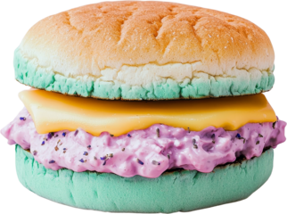 Colorful burger teal bun purple filling cheese slice playful food