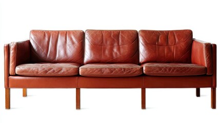 Fototapeta premium Elegant deep caramel leather sofa with sleek wooden legs, side view, full shot against bright white background, emphasizing sophisticated textures and modern design with ample copy space
