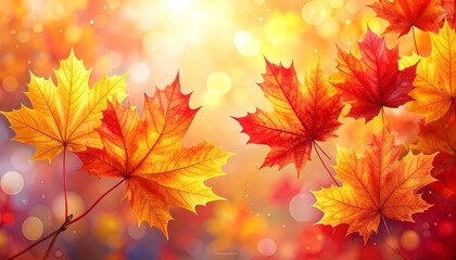 abstract vector illustration of red and yellow maple leaves with soft focus light and bokeh background