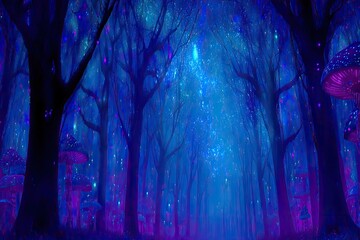 Mystic, glowing forest path at night