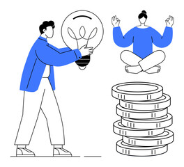 Man carrying a lightbulb representing ideas, woman meditating in a seated position above stacked coins. Ideal for creativity, mindfulness, finance, entrepreneurship, innovation, balance