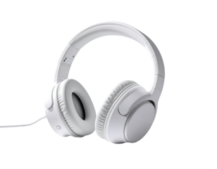 White over-ear headphones with a flexible headband and soft earcups