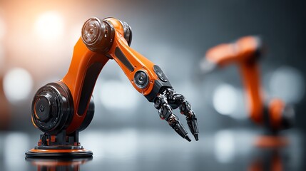 An orange robotic arm extends forward, showcasing precision engineering and automated capabilities in a modern industrial setting, evoking a sense of technological advancement.