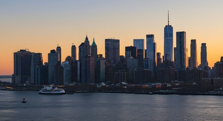 Obraz premium Modern Manhattan Skyline at Sunset with Tall Skyscrapers and Water in Foreground