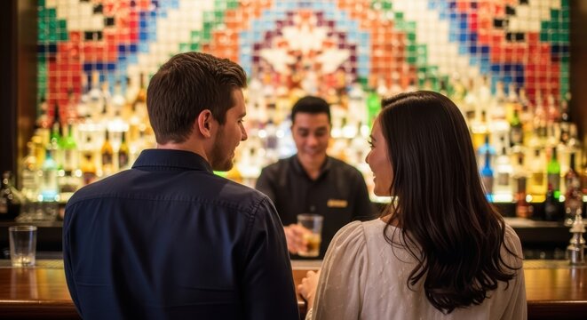 Young caucasian couple at vibrant bar with mosaic wall art - Powered by Adobe