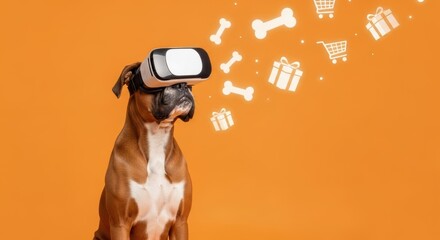 Boxer dog wearing vr headset with floating gifts and bones on orange background
