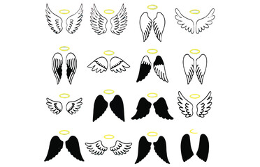 Diverse Collection of Angel Wings and Halos A Symbol of Divine Grace and Protection, Presented in Various Artistic Styles
