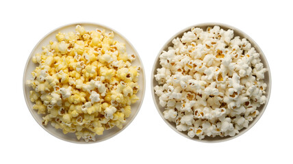 Two bowls of popcorn, one yellow and one white, isolated on white background