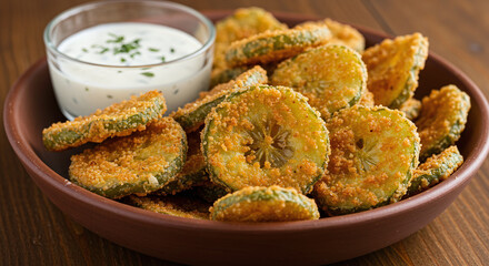 A bowl of fried pickle chips with a creamy dipping sauce on a wooden surface ready to be enjoyed