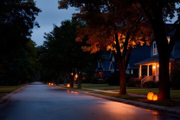 Halloween night with lit pumpkins lining the quiet street Generative AI