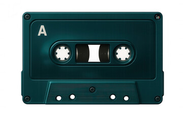 Vintage teal audio cassette lying flat, transparent backdrop highlighting analog music medium's classic design and nostalgic appeal