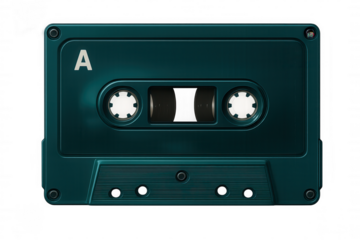 Vintage teal audio cassette lying flat, transparent backdrop highlighting analog music medium's classic design and nostalgic appeal