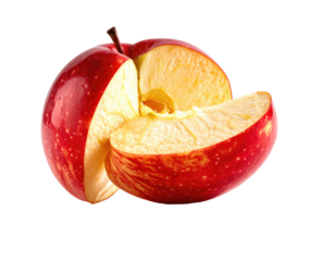 A red apple, cut in half, showing the yellow core