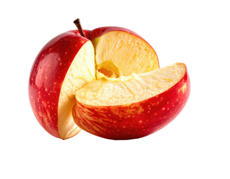 A red apple, cut in half, showing the yellow core