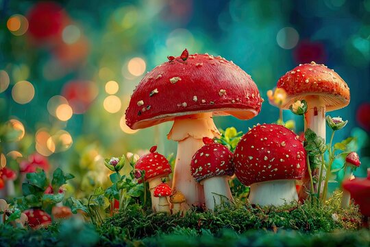 Red toadstools in a mystical forest setting