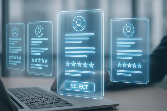 a professional human resources manager is selecting the best candidate from a digital resume on a virtual screen for a job application