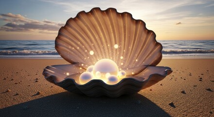 Glowing Pearls in an Open Seashell on a Sandy Beach at Sunset