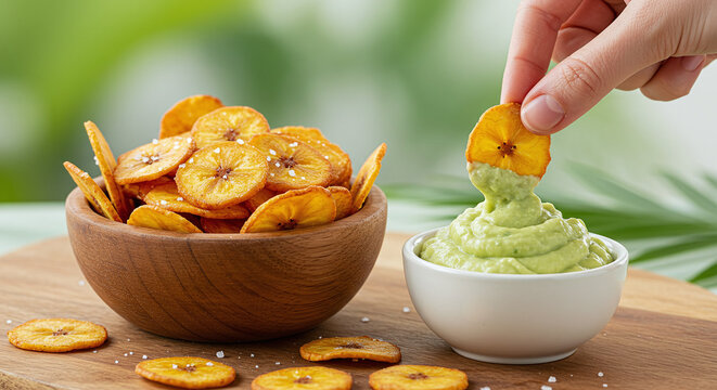 A hand dips a plantain chip into a bowl of guacamole with a wooden bowl of chips beside it