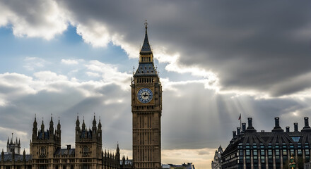 Obraz premium Iconic Big Ben and Houses of Parliament under a dramatic sky in London England