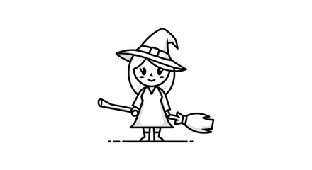Cute Witch Illustration Smiling Cartoon Witch with Broom and Hat Halloween Theme