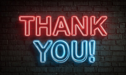 Obraz premium Vibrant Red and Blue Neon THANK YOU Sign Glowing on Dark Brick Wall.