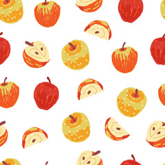 Apples and apple slices seamless pattern on white background. Hand drawn fruit illustration. Healthy food and harvest concept