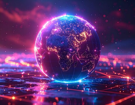 Global digital network with glowing connections and data flow - Powered by Adobe
