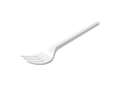 A simple, white plastic fork, angled, in an isometric view