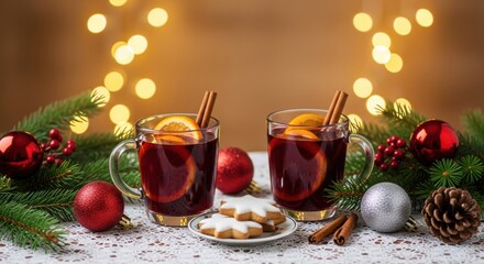 Festive holiday mulled wine with cinnamon and orange on lace tablecloth