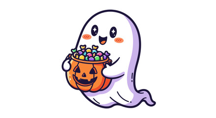 Adorable Kawaii Ghost Character Holding a JackoLantern Candy Bucket Overflowing with Sweets