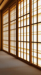 Warm light filters through elegant shoji screens in a traditional Japanese room. Serene ambiance created by soft glow and minimalist design elements.